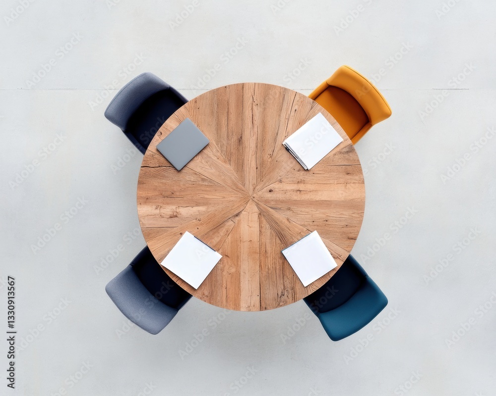 Poster minimalist collaborative workspace aerial view of eco-chic round wooden meeting table with dynamic e