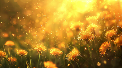 Fototapeta premium Dreamy golden dandelion field glowing in soft sunlight with floating particles