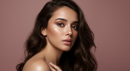 Naklejka premium Close-up of a beautiful brunette woman's face with elegant fashion makeup, glamorous hairstyle, and captivating eyes