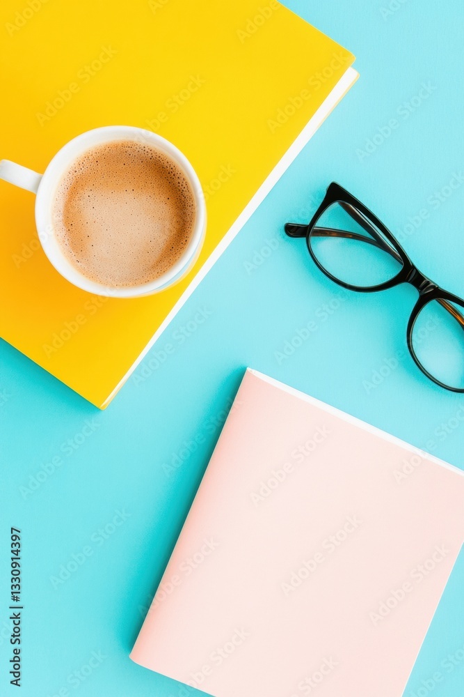 Poster minimalist productivity aesthetic pastel color-block workspace with coffee and journaling essentials