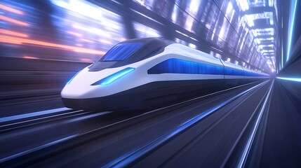 Fototapeta premium Futuristic train speeding through a modern tunnel with vibrant lighting effects.
