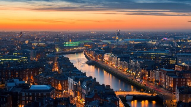 Dublin Cityscape at Sunset: Liffey River and City Lights