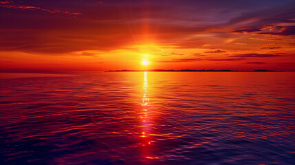 Breathtaking fiery red sunset reflecting on calm ocean waters with dramatic clouds