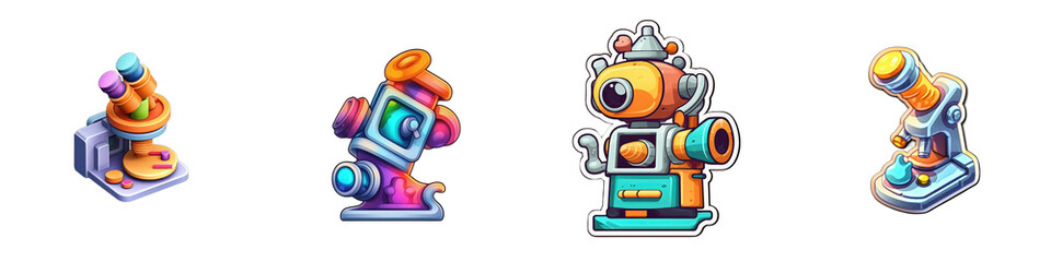 Fototapeta premium Colorful cartoon microscopes displayed against a solid white background isolated on white or transparent