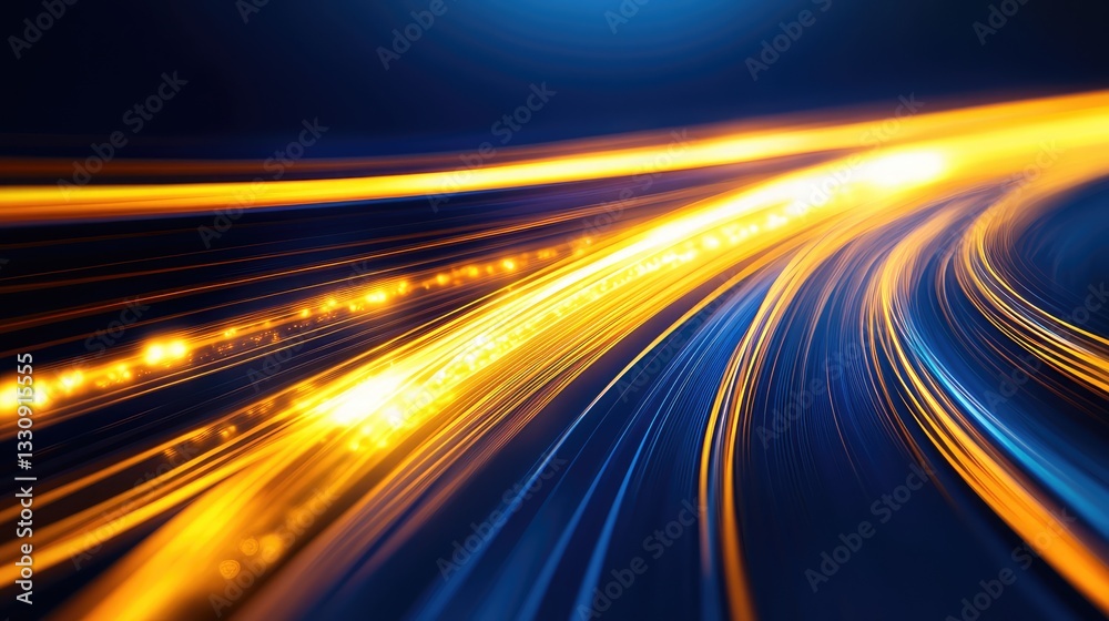 Poster golden light trails smoothly curving through a deep blue gradient background, creating an elegant an