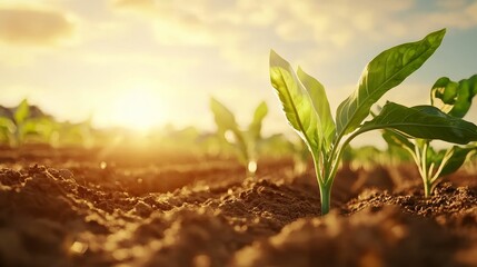 A close-up of young plants growing in soil, illuminated by sunlight, symbolizing growth and renewal in nature.