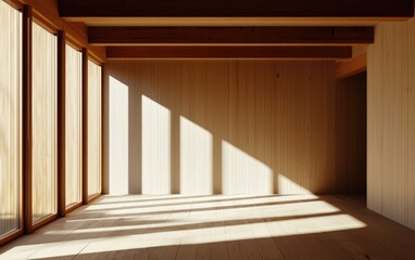 Naklejka premium Bright Empty Room With Wooden Walls Beams and Sunlight