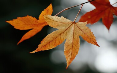 Two Orange Autumn Leaves on Branch Close Up