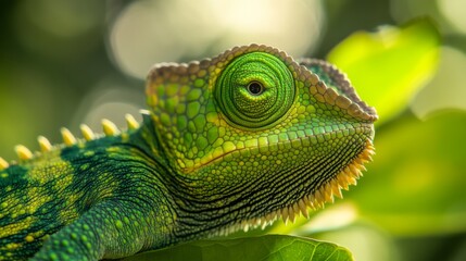 Fototapeta premium Colorful chameleon in lush green nature surrounded by vibrant foliage