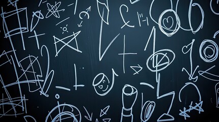 Hand-drawn doodles and scribbles on a chalkboard in an extreme macro close-up shot with excellent resolution, perfect focus, and long exposure that shows motion blur and light trails