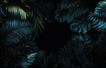 dark background framed by lush green palm and monstera leaves creates tropical atmosphere, evoking sense of mystery and tranquility
