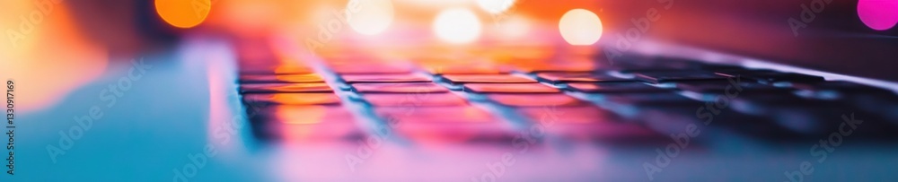 Aufkleber Vibrant Techcore Visualization Blurred Keyboard Macro with Neon Digital Bokeh - Immersive Gen Z Creative Tech Aesthetic in Ultra-Modern Design Landscape