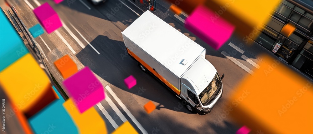 Poster Hyper-Connected Logistics AI-Driven Urban Delivery Van Navigating Smart City Corridors with Precision Routing and Digital Transformation Aesthetic