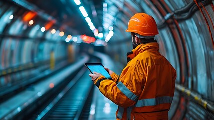 Technology and railway industry fusion depicted by an engineer using a tablet computer on an underground platform, symbolizing modern infrastructure management.