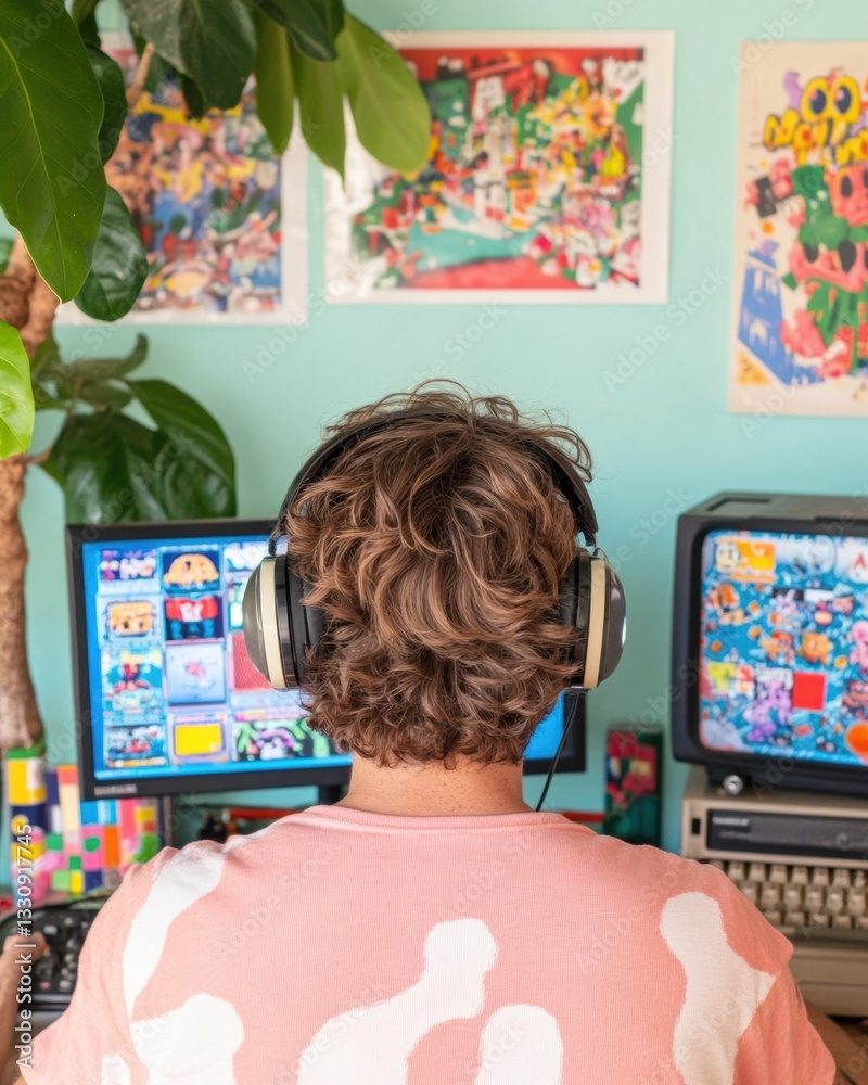 Aufkleber nostalgic digital workspace y2k retro tech and creative content curation in vibrant home office - mi