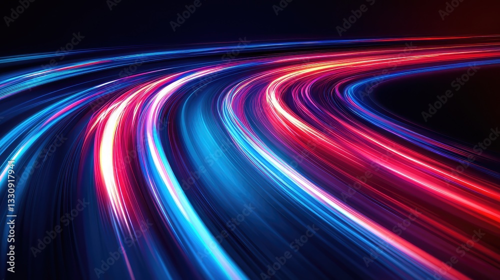 Poster red and blue light trails twisting together in an abstract form, creating a futuristic high-speed ef