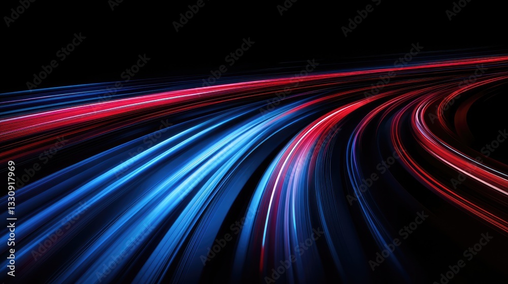 Poster red and blue light trails twisting together in an abstract form, creating a futuristic high-speed ef
