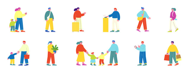 沢山の人々のベクターイラストセット。買い物をしたり、親子で出かけている楽しい雰囲気のフラットデザインイラスト。