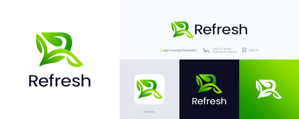 Creative letter R leaf green logo design, Initial R integrated with icon leaf nature, Vector symbol R with leaves for Business, Environmental, Organic, Natural cosmetics, Landscaping, Health, Wellness