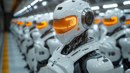 Fototapeta premium Row of futuristic white robots in factory.