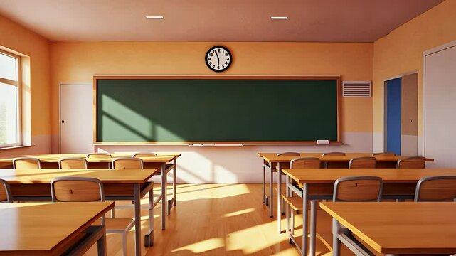 A bright and inviting classroom with wooden desks, a chalkboard, and a wall clock, illuminated by natural light.
