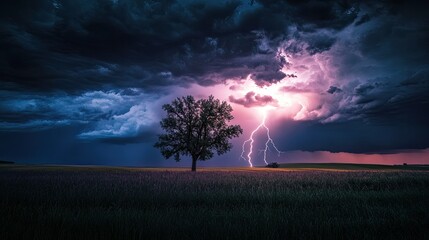 Fototapeta premium Long exposure shot of a storm, lone tree flashing in the brilliance of lightning.