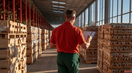 Fototapeta premium Warehouse Inventory Management Worker Checks Stock Levels