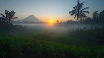 Misty Landscape at Sunrise Featuring Green Field and Mountain Silhouette with Soft Warm Light Over a Tranquil Environment