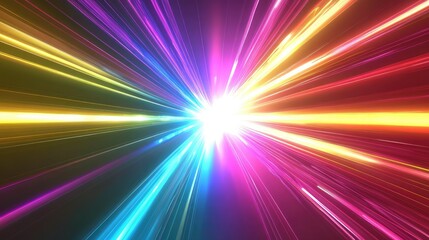 Fototapeta premium Vibrant multicolored light rays converging towards the center, dynamic futuristic effect with a sleek modern look.