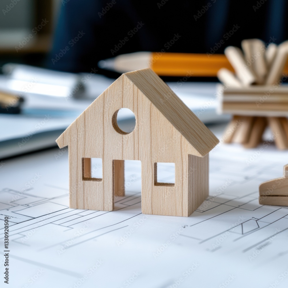 Poster minimalist wooden home model on architectural blueprint sustainable design visualization for next-ge