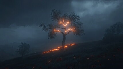Fototapeta premium Multiple lightning bolts strike near a lone tree, casting an eerie glow on the stormy night landscape.