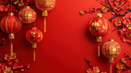 Chinese New Year Celebration: Red Lanterns and Blossoms