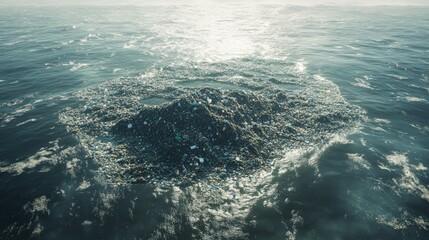 Obraz premium Ocean surface covered in plastic waste, emphasizing environmental damage and pollution crisis.