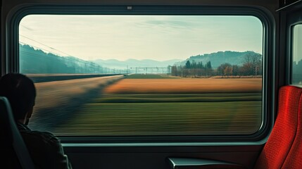 Passenger looking through the window of a high-speed train as the landscape blurs past.