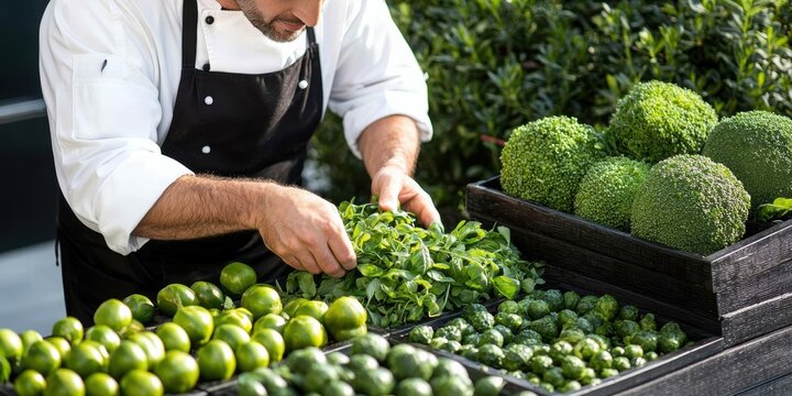 A chef selects fresh greens and ingredients from a market display, emphasizing the importance of quality in culinary preparation.