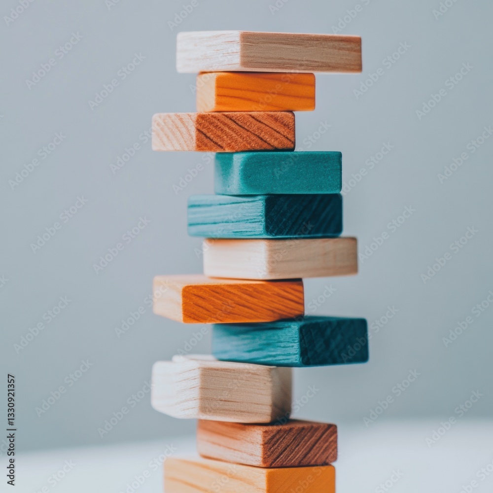 Poster minimalist risk management balanced investment strategy visualized through architectural wooden bloc