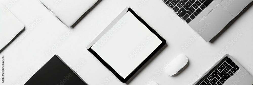 Poster minimalist tech ecosystem sleek monochrome laptop arrangement showcasing digital versatility and wor
