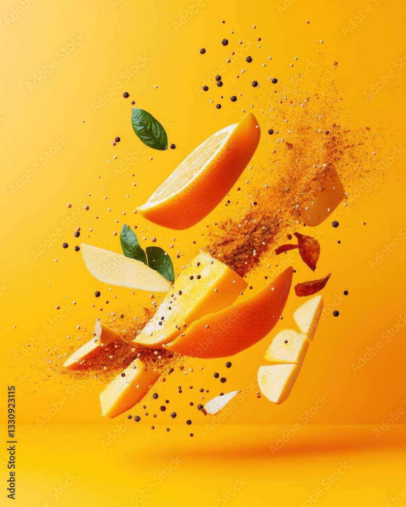 Poster dynamic culinary art levitating mango slices with explosive spice burst - vibrant food for modern ga