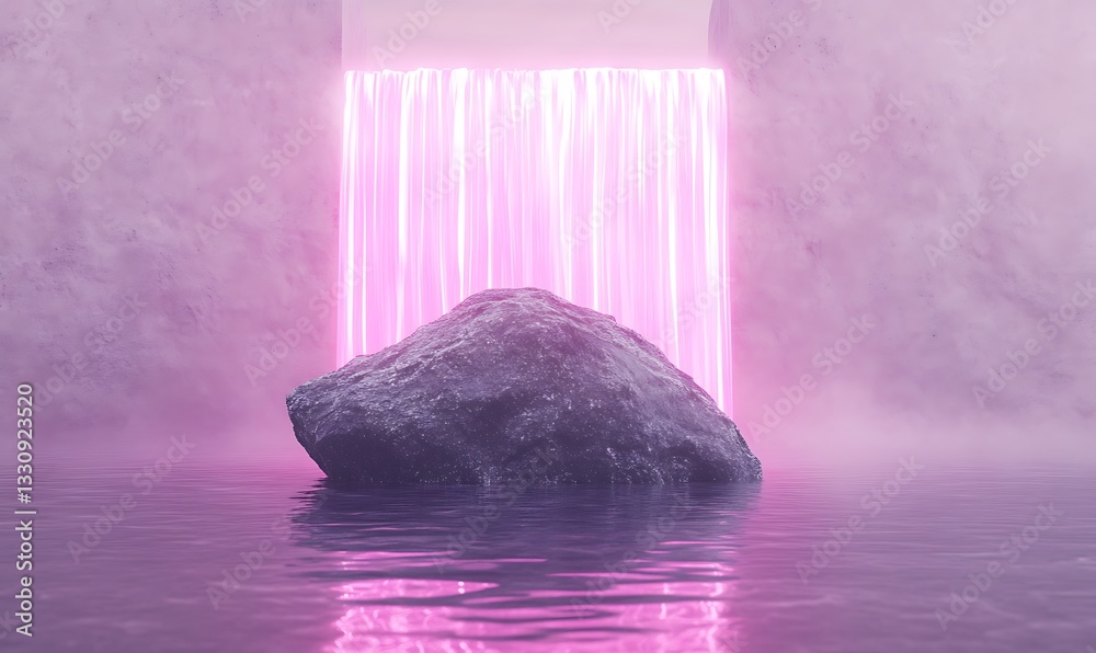 Poster surreal scene featuring a rock in water with a glowing pink waterfall in a foggy atmosphere.