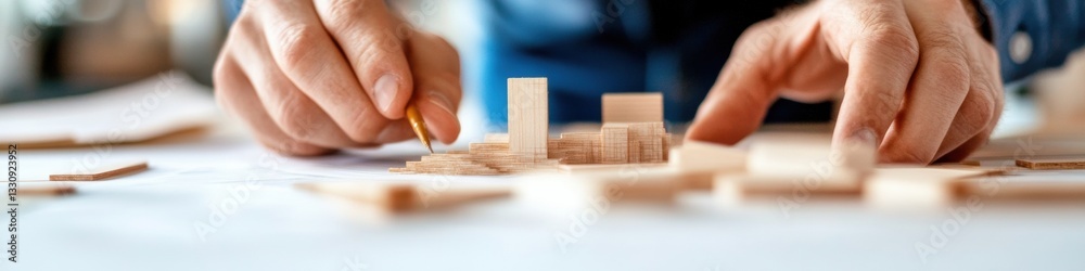 Poster Minimalist Business Strategy Visualization Professional Hands Arranging Wooden Blocks in Dynamic Urban Planning Workshop - Innovative Collaborative Design Methodology