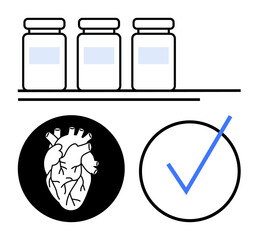 Glass jars aligned on a shelf with a human heart in a circle and a checkmark icon. Ideal for health, medicine, approval, research, prevention, fitness, diagnostics. Flat simple metaphor