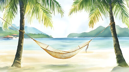 A beach scene with two palm trees and a hammock hanging between them