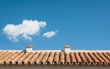 Naklejka premium Terracotta Roof With White Chimneys And Blue Sky