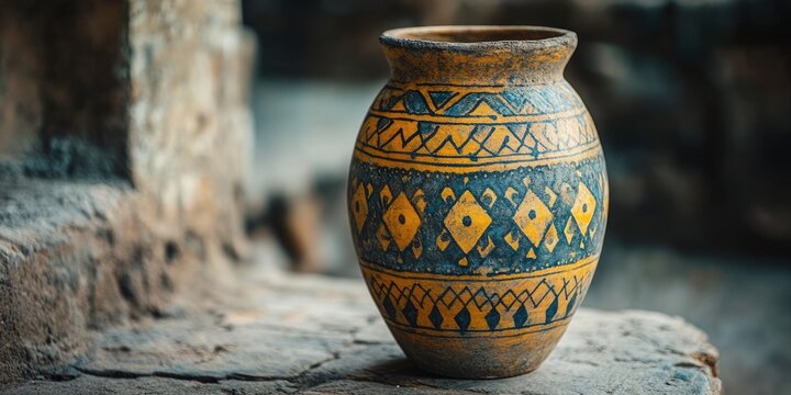 Traditional earthen pottery vase decorated with a geometric tribal pattern in yellow and indigo blue, resting on a textured stone surface. Use for history, craft, art, or ethnic blogs/sites. - Powered by Adobe
