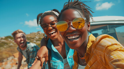 Multiracial best friends having fun outside. Happy friends on road trip have fun at summer vacation