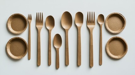Sustainable wooden forks, knives, and spoons arranged neatly on biodegradable paper plates. Minimal waste lifestyle.