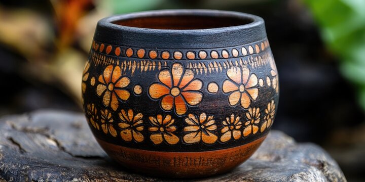 Handcrafted dark ceramic cup, likely a mate gourd, with carved orange floral and dot patterns. Use for craft blogs, travel sites, and artisan product retail - Powered by Adobe