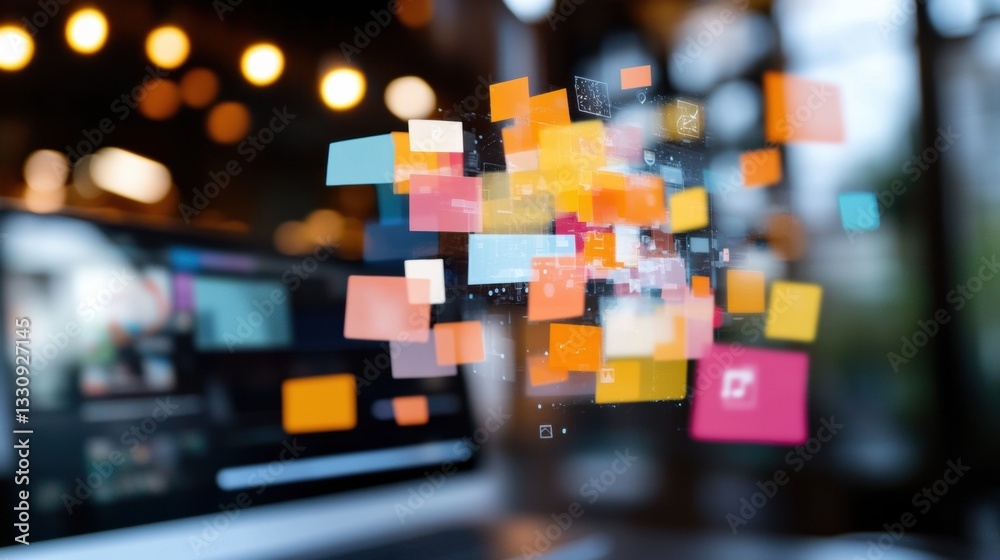 Fototapete Immersive Data Visualization Floating Digital Mosaic of Connected Analytics in Blurred Modern Workspace - Next-Gen Business Intelligence and Creative Information Design