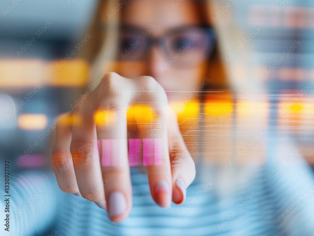 Poster Futuristic AI-Powered Decision Intelligence Immersive Data Visualization, Gen Z Professional Navigating Digital Performance Metrics in Next-Gen Business Analytics