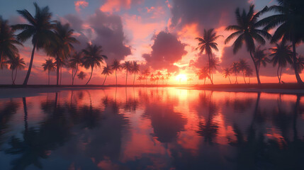 Vivid Sunset Reflecting on Calm Water with Silhouette Palm Trees Against a Cloudy Sky in Tropical Scenery